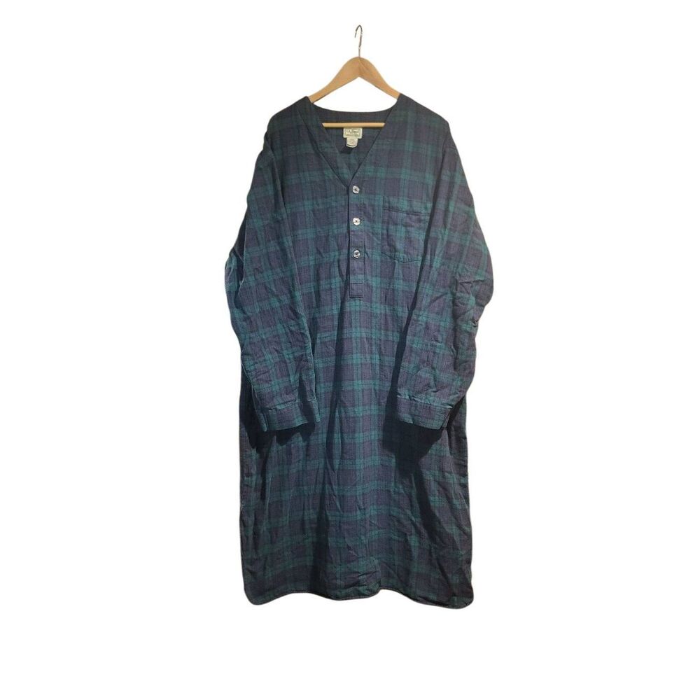 Vintage L.L Bean Night Shirt Men's XXL Black Watch Green Blue Plaid Flannel